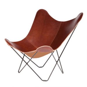 cuero Oak-Coloured-Leather-Butterfly-Chair-Black-Frame knoopsschat aalter